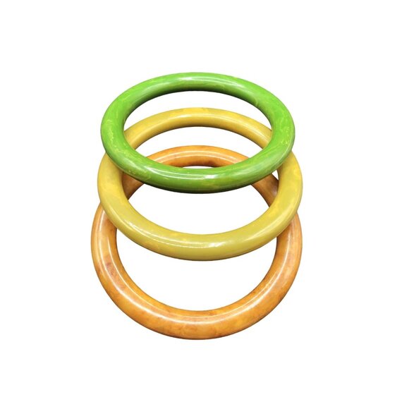 Vintage Collectible Bracelets Bakelite Bangles Set of 3 in Orange Yellow Green - Picture 1 of 7